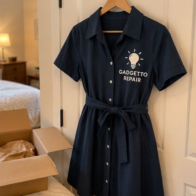Customer photo of a custom dress on a hanger