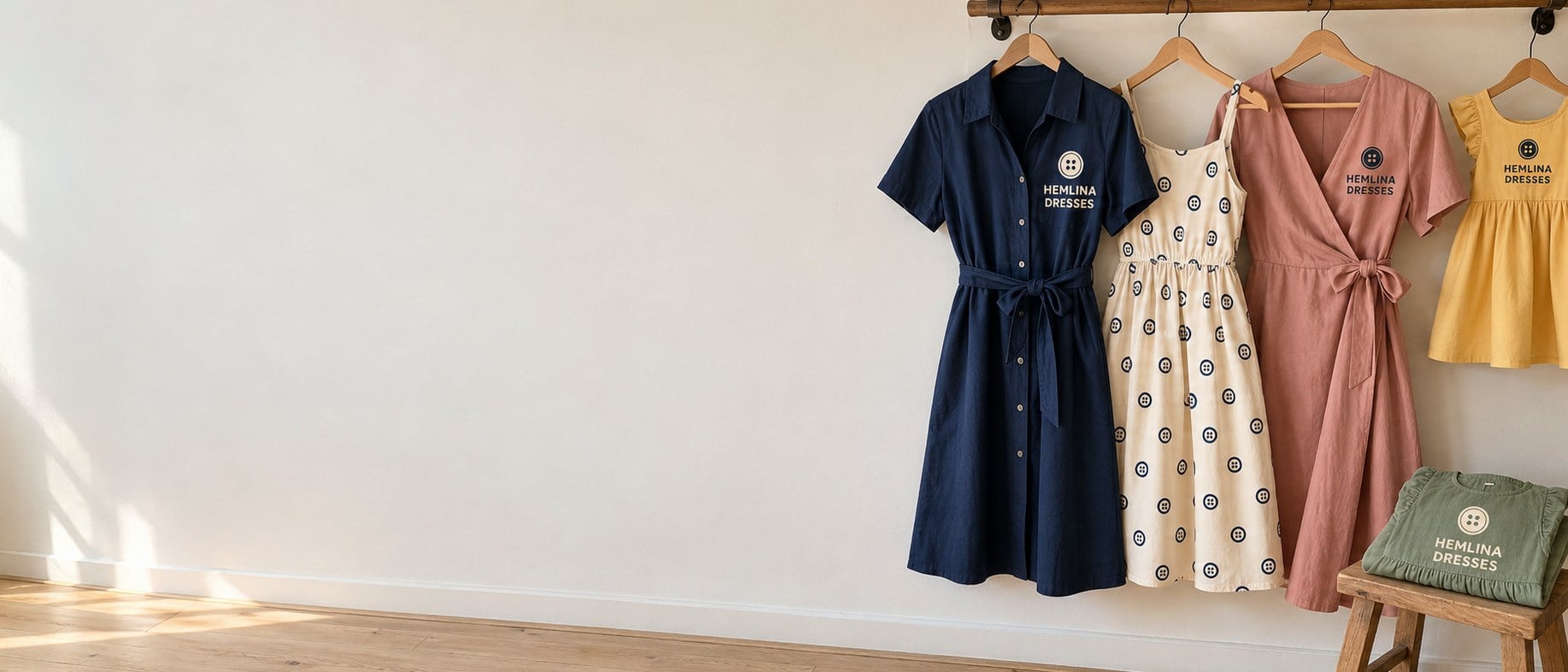 Custom uniform, sundress, wrap and kids dresses on wooden hangers from a short wall rail above a folded dress on a stool